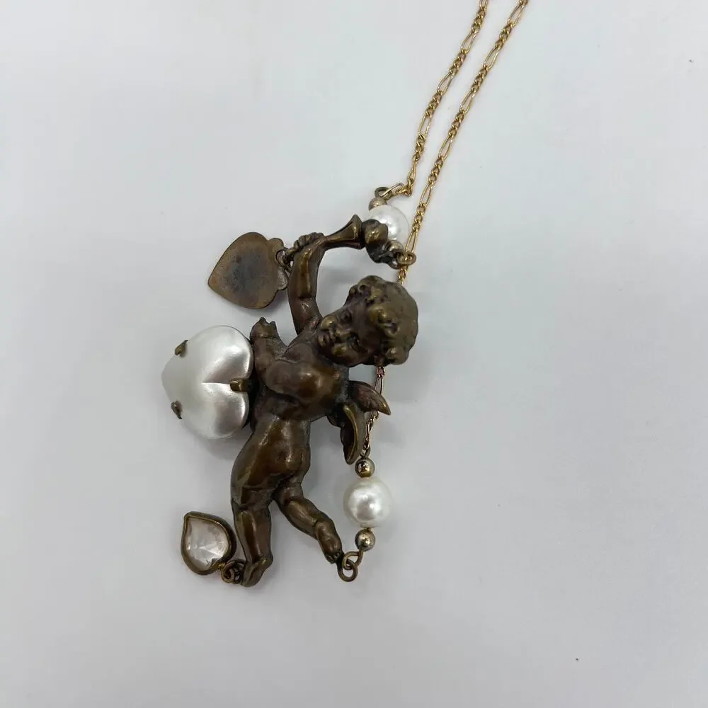 Vintage Piddly Links Cupid Angel Cherub Hearts Necklace Large Statement Boho